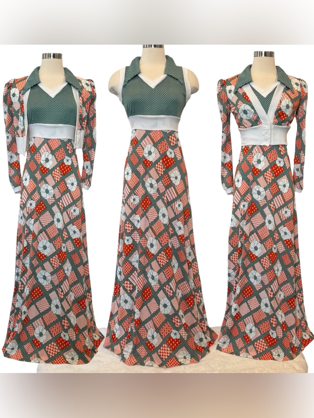 70s Vintage Groovy Plaid Polka Dot Green Halter Dress Maxi Gown & Jacket Set - Picture 12 of 12